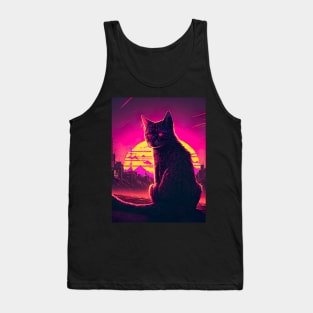 Stray Cat Watching Synthwave Sunset In Apocalyptic City Tank Top